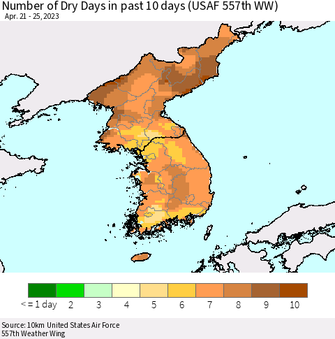 Korea Number of Dry Days in past 10 days (USAF 557th WW) Thematic Map For 4/21/2023 - 4/25/2023