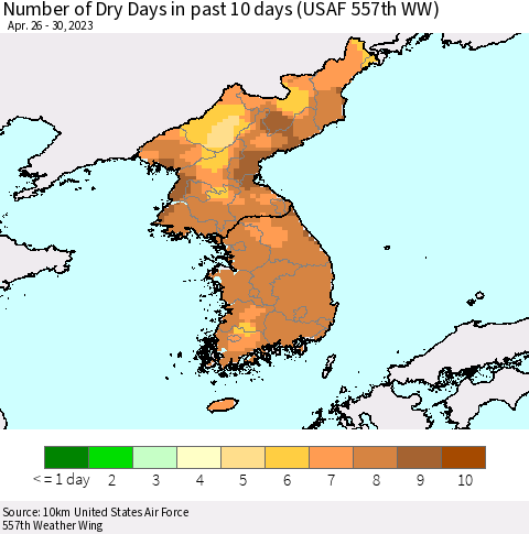 Korea Number of Dry Days in past 10 days (USAF 557th WW) Thematic Map For 4/26/2023 - 4/30/2023