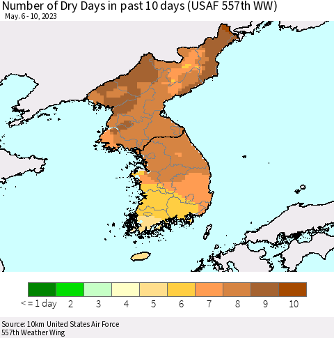 Korea Number of Dry Days in past 10 days (USAF 557th WW) Thematic Map For 5/6/2023 - 5/10/2023