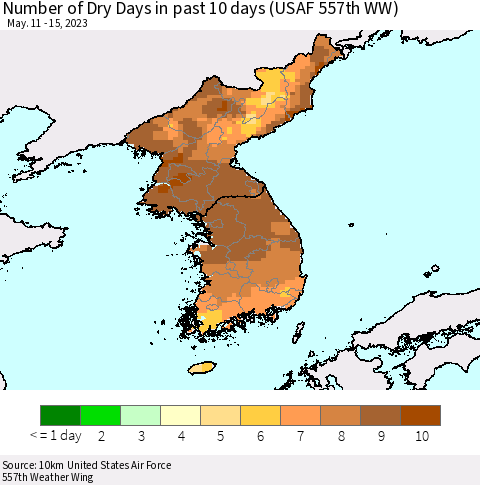 Korea Number of Dry Days in past 10 days (USAF 557th WW) Thematic Map For 5/11/2023 - 5/15/2023
