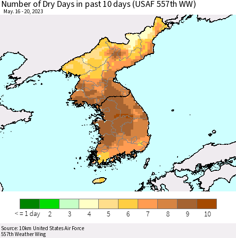 Korea Number of Dry Days in past 10 days (USAF 557th WW) Thematic Map For 5/16/2023 - 5/20/2023