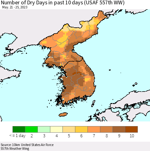 Korea Number of Dry Days in past 10 days (USAF 557th WW) Thematic Map For 5/21/2023 - 5/25/2023