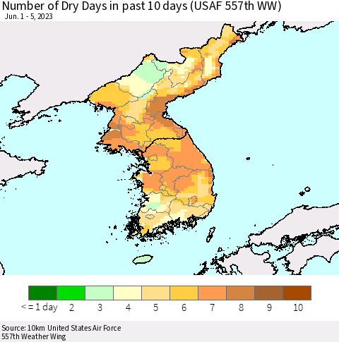 Korea Number of Dry Days in past 10 days (USAF 557th WW) Thematic Map For 6/1/2023 - 6/5/2023
