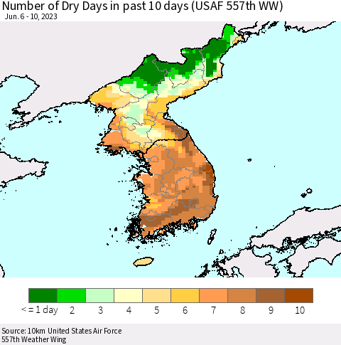 Korea Number of Dry Days in past 10 days (USAF 557th WW) Thematic Map For 6/6/2023 - 6/10/2023