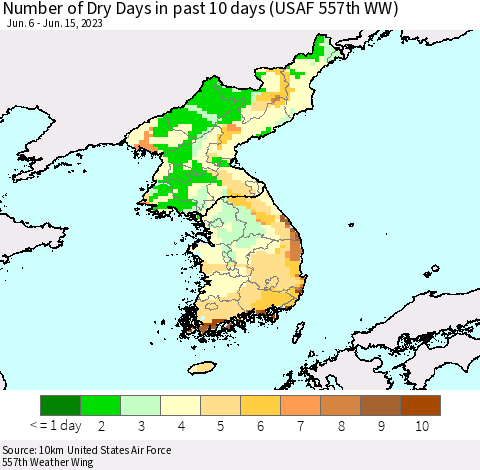 Korea Number of Dry Days in past 10 days (USAF 557th WW) Thematic Map For 6/11/2023 - 6/15/2023
