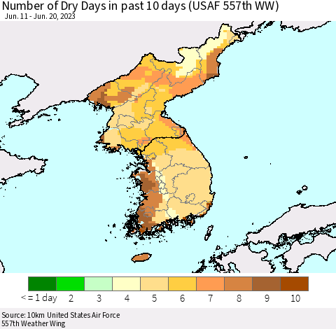 Korea Number of Dry Days in past 10 days (USAF 557th WW) Thematic Map For 6/16/2023 - 6/20/2023