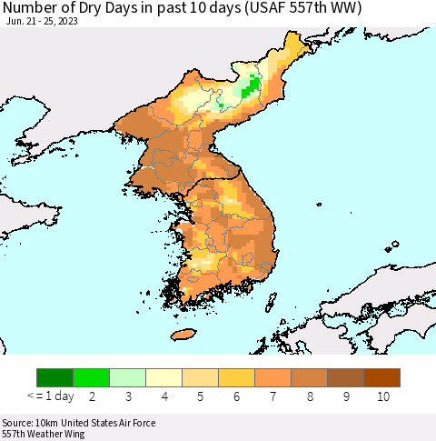 Korea Number of Dry Days in past 10 days (USAF 557th WW) Thematic Map For 6/21/2023 - 6/25/2023
