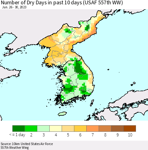 Korea Number of Dry Days in past 10 days (USAF 557th WW) Thematic Map For 6/26/2023 - 6/30/2023