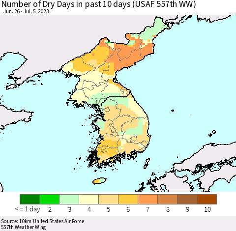 Korea Number of Dry Days in past 10 days (USAF 557th WW) Thematic Map For 7/1/2023 - 7/5/2023