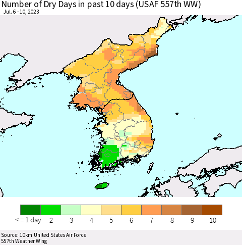 Korea Number of Dry Days in past 10 days (USAF 557th WW) Thematic Map For 7/6/2023 - 7/10/2023