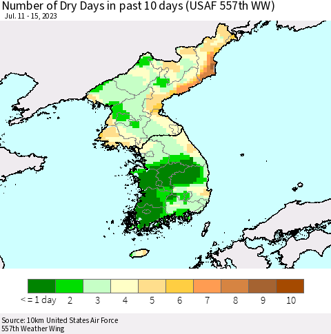 Korea Number of Dry Days in past 10 days (USAF 557th WW) Thematic Map For 7/11/2023 - 7/15/2023
