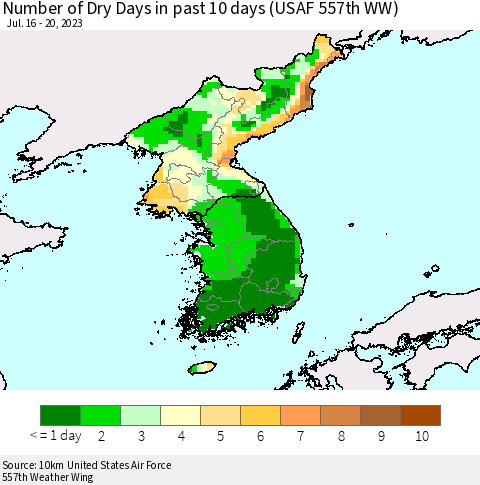 Korea Number of Dry Days in past 10 days (USAF 557th WW) Thematic Map For 7/16/2023 - 7/20/2023