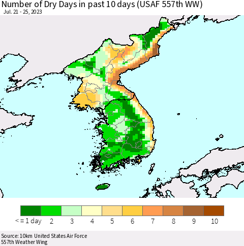 Korea Number of Dry Days in past 10 days (USAF 557th WW) Thematic Map For 7/21/2023 - 7/25/2023