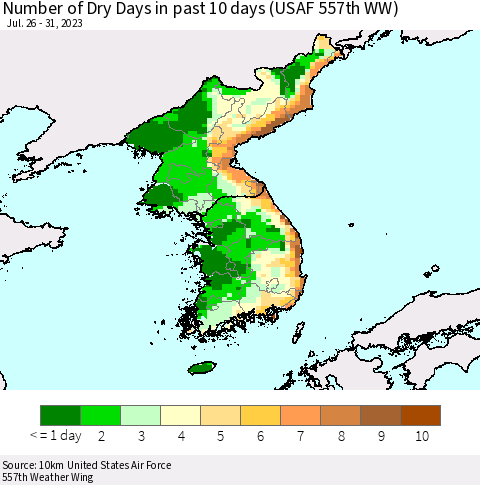 Korea Number of Dry Days in past 10 days (USAF 557th WW) Thematic Map For 7/26/2023 - 7/31/2023