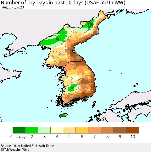Korea Number of Dry Days in past 10 days (USAF 557th WW) Thematic Map For 8/1/2023 - 8/5/2023