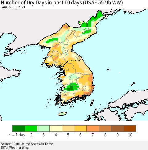 Korea Number of Dry Days in past 10 days (USAF 557th WW) Thematic Map For 8/6/2023 - 8/10/2023