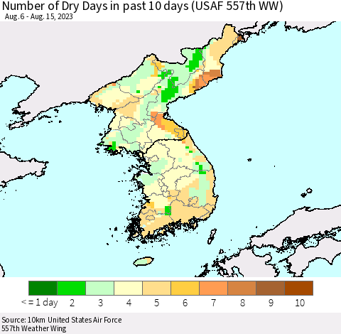 Korea Number of Dry Days in past 10 days (USAF 557th WW) Thematic Map For 8/11/2023 - 8/15/2023
