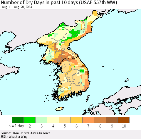 Korea Number of Dry Days in past 10 days (USAF 557th WW) Thematic Map For 8/16/2023 - 8/20/2023
