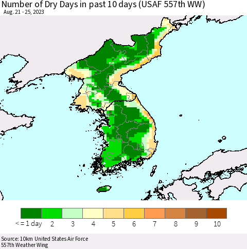 Korea Number of Dry Days in past 10 days (USAF 557th WW) Thematic Map For 8/21/2023 - 8/25/2023