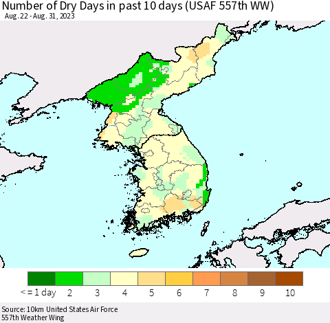 Korea Number of Dry Days in past 10 days (USAF 557th WW) Thematic Map For 8/26/2023 - 8/31/2023