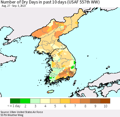 Korea Number of Dry Days in past 10 days (USAF 557th WW) Thematic Map For 9/1/2023 - 9/5/2023