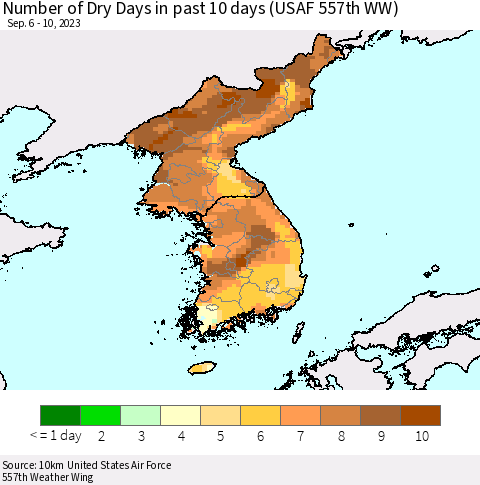 Korea Number of Dry Days in past 10 days (USAF 557th WW) Thematic Map For 9/6/2023 - 9/10/2023