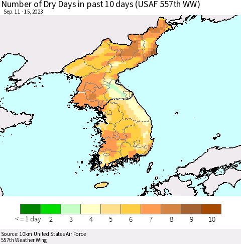 Korea Number of Dry Days in past 10 days (USAF 557th WW) Thematic Map For 9/11/2023 - 9/15/2023