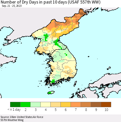 Korea Number of Dry Days in past 10 days (USAF 557th WW) Thematic Map For 9/21/2023 - 9/25/2023