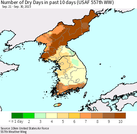 Korea Number of Dry Days in past 10 days (USAF 557th WW) Thematic Map For 9/26/2023 - 9/30/2023