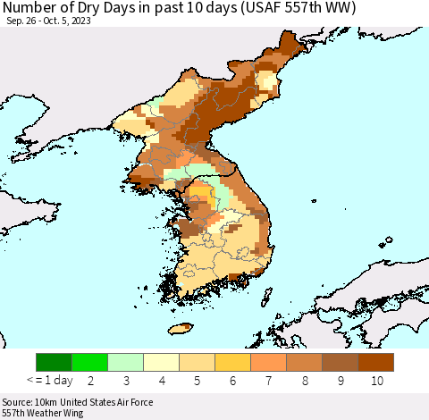 Korea Number of Dry Days in past 10 days (USAF 557th WW) Thematic Map For 10/1/2023 - 10/5/2023