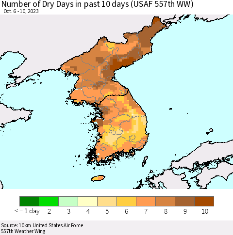Korea Number of Dry Days in past 10 days (USAF 557th WW) Thematic Map For 10/6/2023 - 10/10/2023