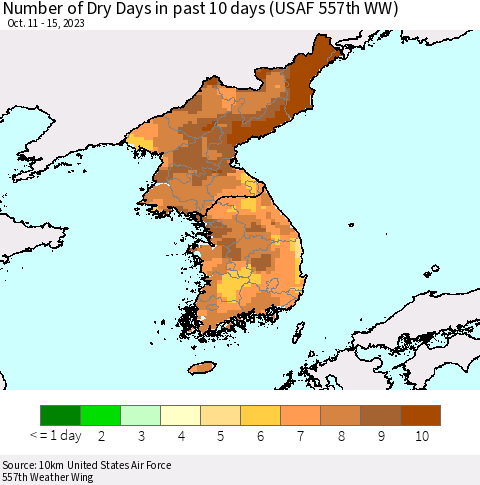 Korea Number of Dry Days in past 10 days (USAF 557th WW) Thematic Map For 10/11/2023 - 10/15/2023