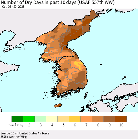 Korea Number of Dry Days in past 10 days (USAF 557th WW) Thematic Map For 10/16/2023 - 10/20/2023