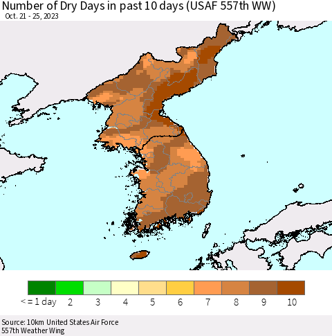 Korea Number of Dry Days in past 10 days (USAF 557th WW) Thematic Map For 10/21/2023 - 10/25/2023