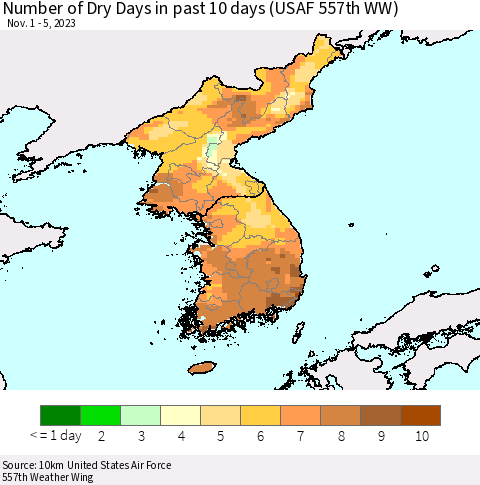 Korea Number of Dry Days in past 10 days (USAF 557th WW) Thematic Map For 11/1/2023 - 11/5/2023