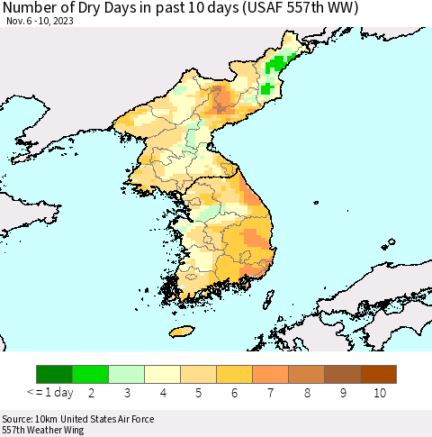 Korea Number of Dry Days in past 10 days (USAF 557th WW) Thematic Map For 11/6/2023 - 11/10/2023
