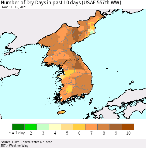 Korea Number of Dry Days in past 10 days (USAF 557th WW) Thematic Map For 11/11/2023 - 11/15/2023