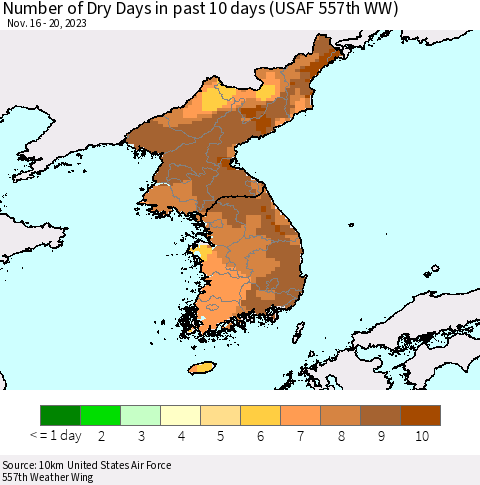 Korea Number of Dry Days in past 10 days (USAF 557th WW) Thematic Map For 11/16/2023 - 11/20/2023