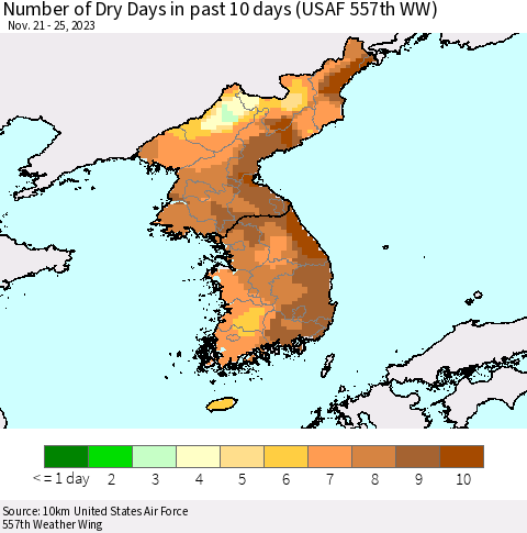 Korea Number of Dry Days in past 10 days (USAF 557th WW) Thematic Map For 11/21/2023 - 11/25/2023