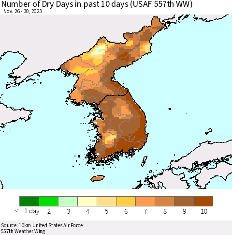 Korea Number of Dry Days in past 10 days (USAF 557th WW) Thematic Map For 11/26/2023 - 11/30/2023