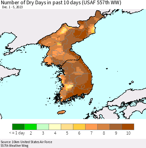 Korea Number of Dry Days in past 10 days (USAF 557th WW) Thematic Map For 12/1/2023 - 12/5/2023