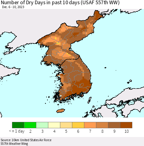 Korea Number of Dry Days in past 10 days (USAF 557th WW) Thematic Map For 12/6/2023 - 12/10/2023