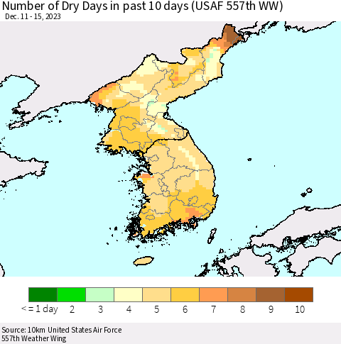Korea Number of Dry Days in past 10 days (USAF 557th WW) Thematic Map For 12/11/2023 - 12/15/2023