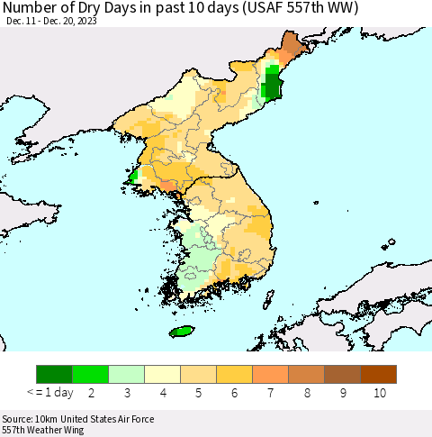 Korea Number of Dry Days in past 10 days (USAF 557th WW) Thematic Map For 12/16/2023 - 12/20/2023