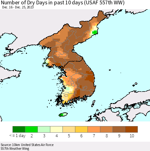 Korea Number of Dry Days in past 10 days (USAF 557th WW) Thematic Map For 12/21/2023 - 12/25/2023