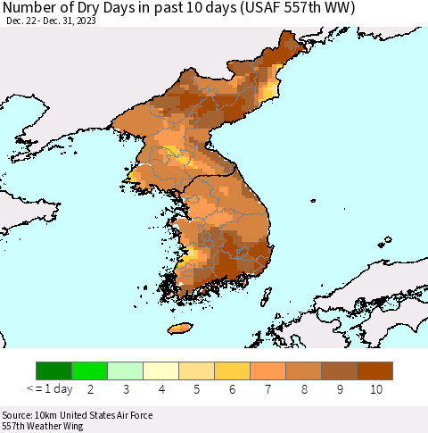 Korea Number of Dry Days in past 10 days (USAF 557th WW) Thematic Map For 12/26/2023 - 12/31/2023
