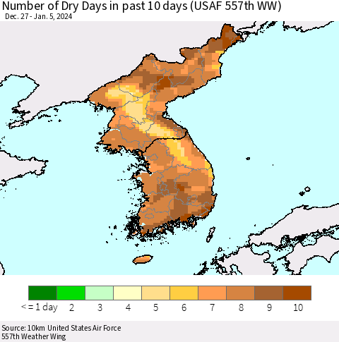 Korea Number of Dry Days in past 10 days (USAF 557th WW) Thematic Map For 1/1/2024 - 1/5/2024