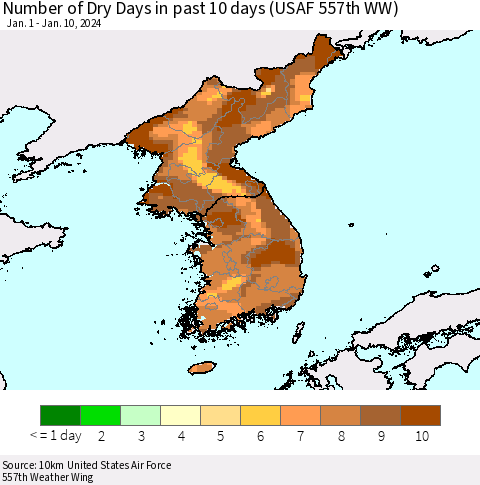 Korea Number of Dry Days in past 10 days (USAF 557th WW) Thematic Map For 1/6/2024 - 1/10/2024