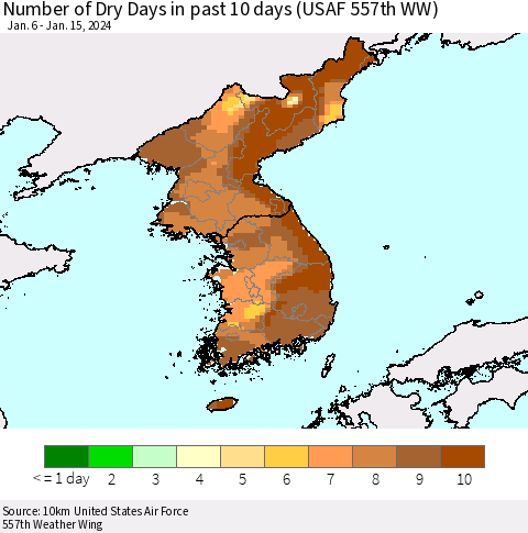 Korea Number of Dry Days in past 10 days (USAF 557th WW) Thematic Map For 1/11/2024 - 1/15/2024
