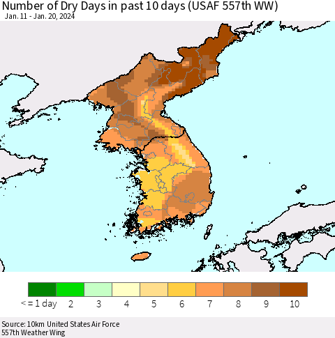 Korea Number of Dry Days in past 10 days (USAF 557th WW) Thematic Map For 1/16/2024 - 1/20/2024